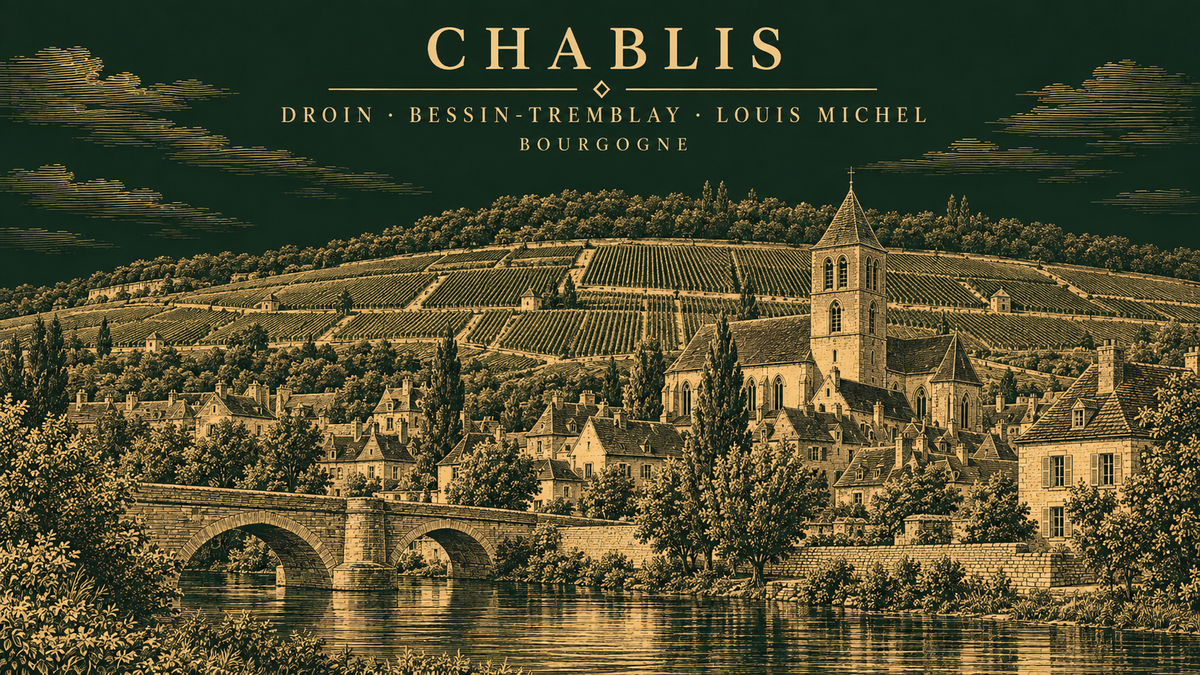 Engraving of the town of Chablis, the Serein and the grands crus hillside